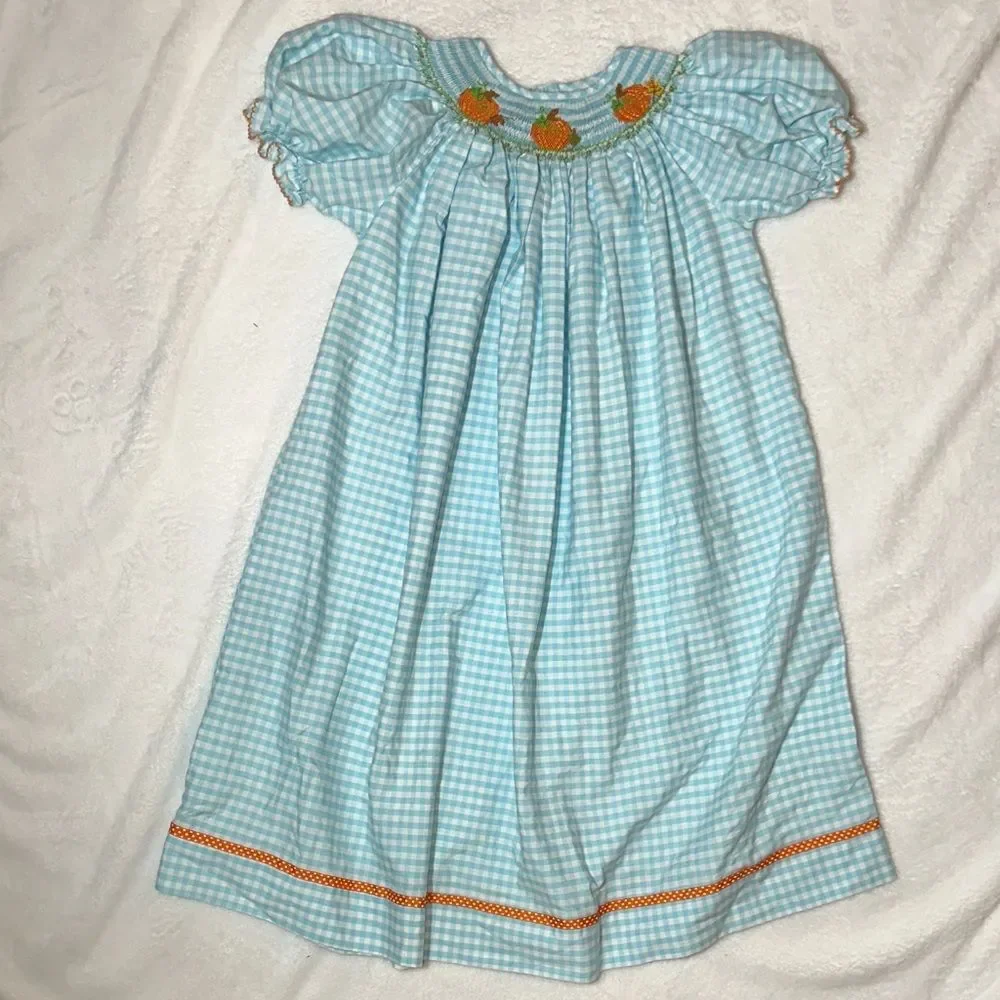 EUC silly goose Blue Gingham Dress with Pumpkin smocking size 6